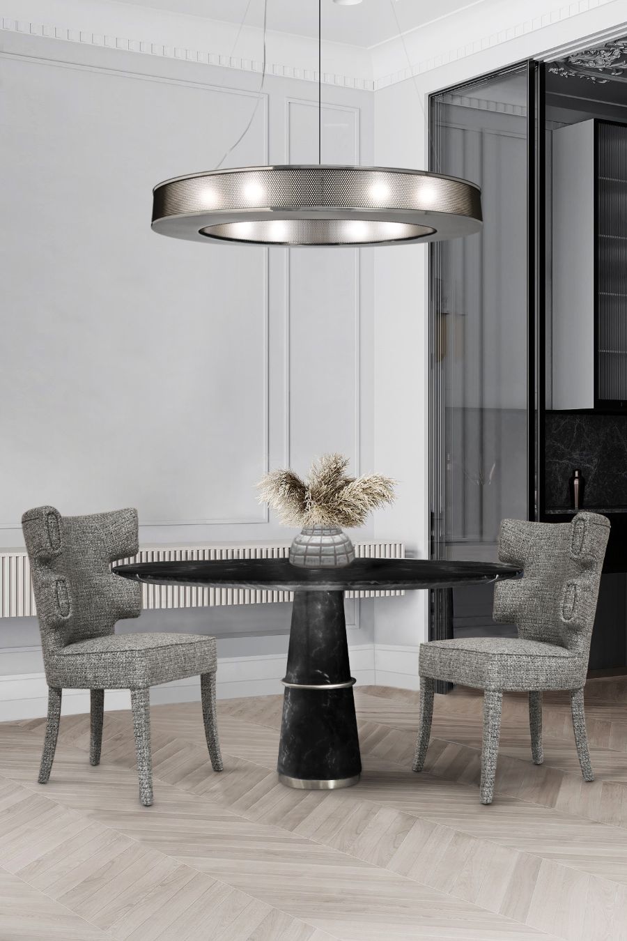 dining room chairs, grey dining chairs, twil dining chairs, grey twil dining chairs, round dining table, black round dining table, round black marble dining table, round marble dining table, marble dining table