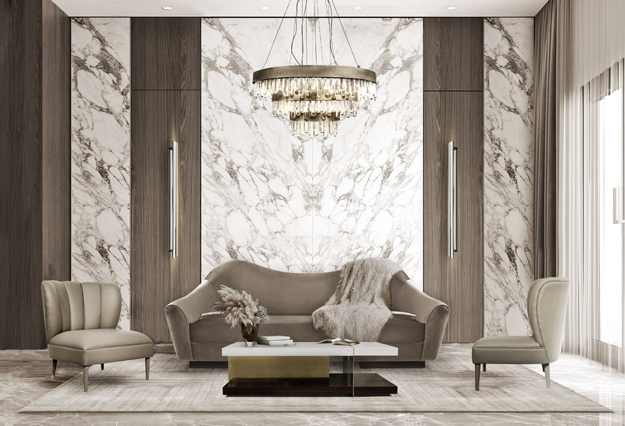 nude white and beige living room design with two white leather modern armchairs deisgn and one modern sofa