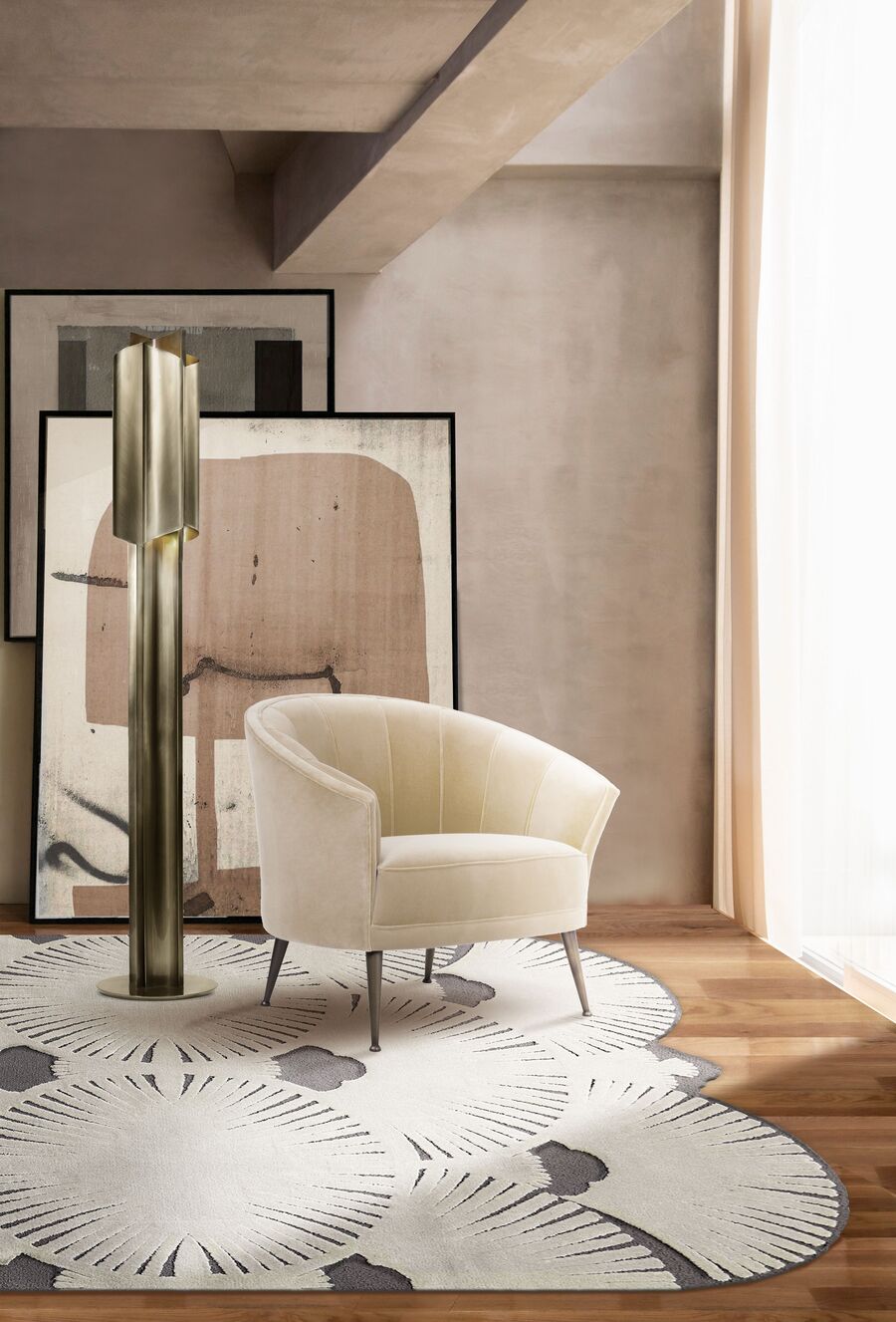 modern neutral tones with white armchair and golden floor lamp