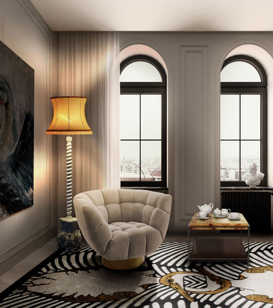 modern cosy living room design with velvet swivel armchair