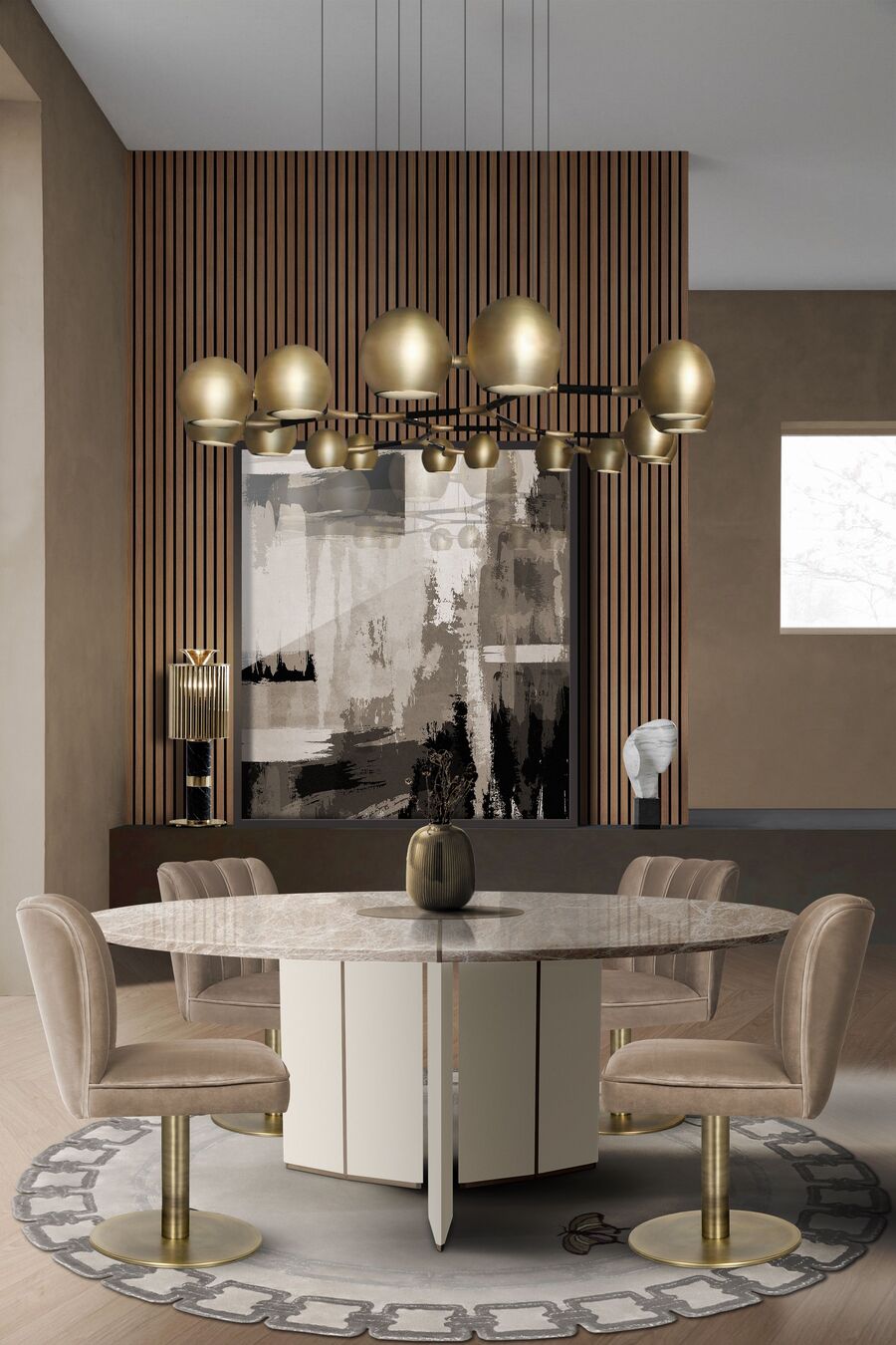 modern beige and neutral tones with four swivel chairs dining room