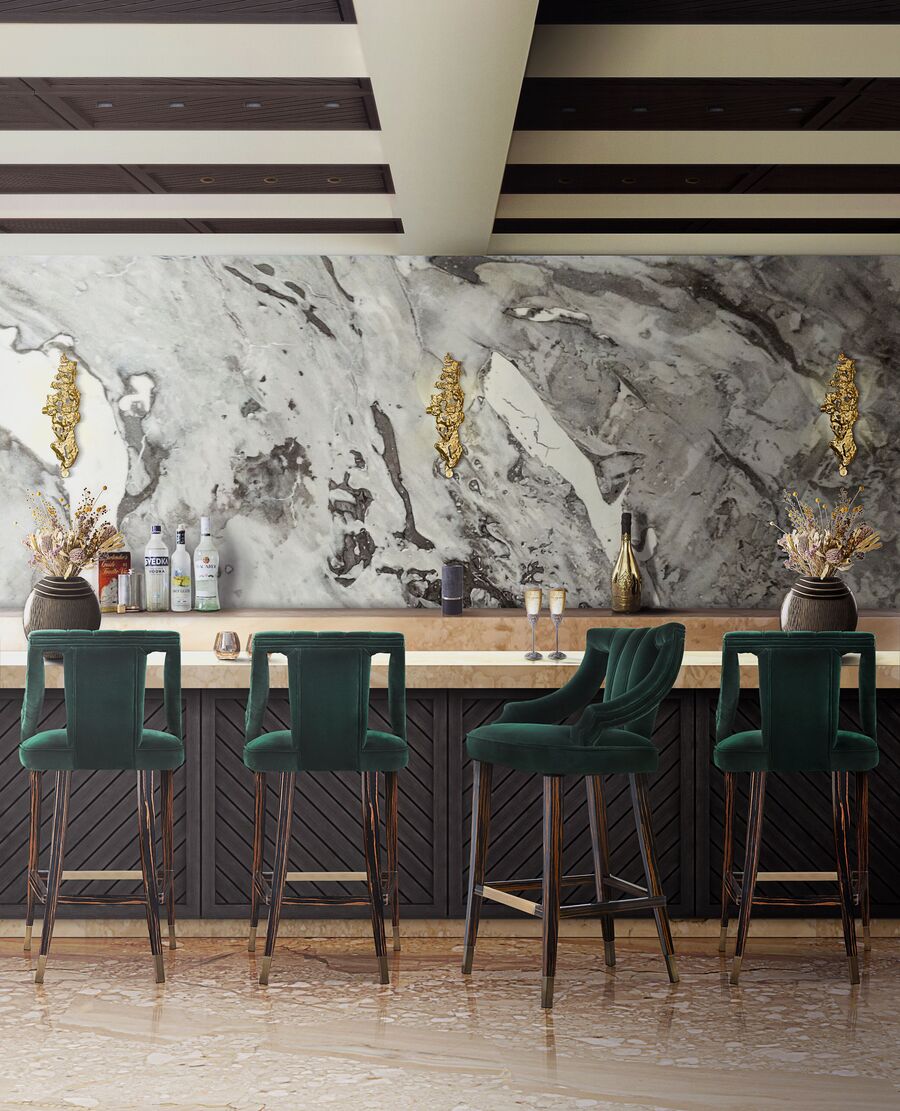 bar interior design with green bar chairs
