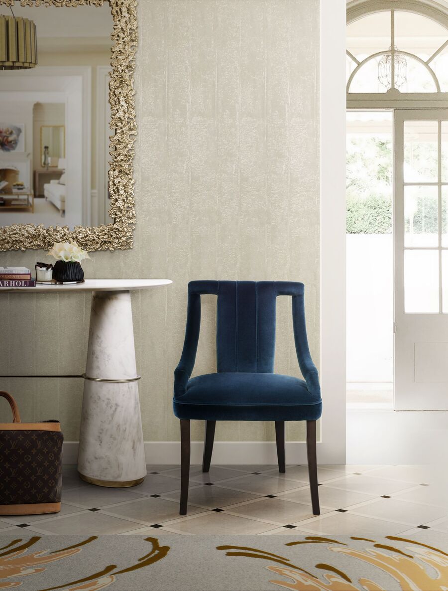 modern entryway design with blue dining chair