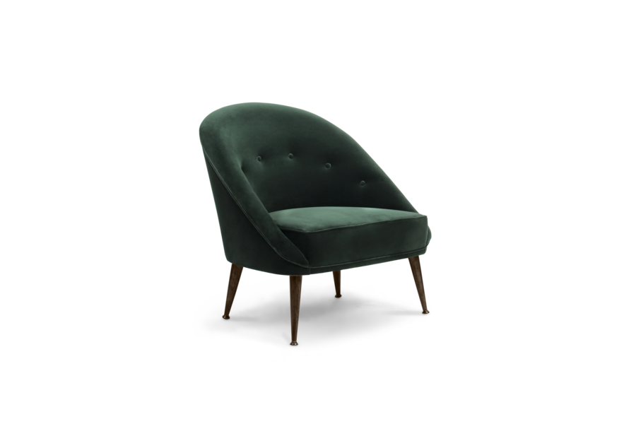 modern mid-century tufted velvet armchair with aged brass legs armchair