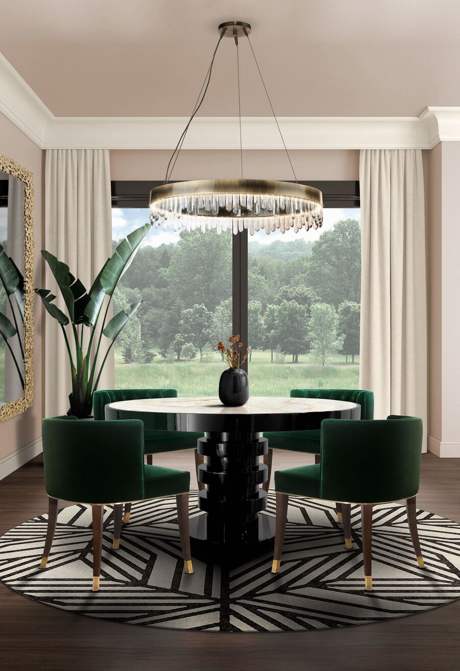 modern dining room design with four green dining chairs