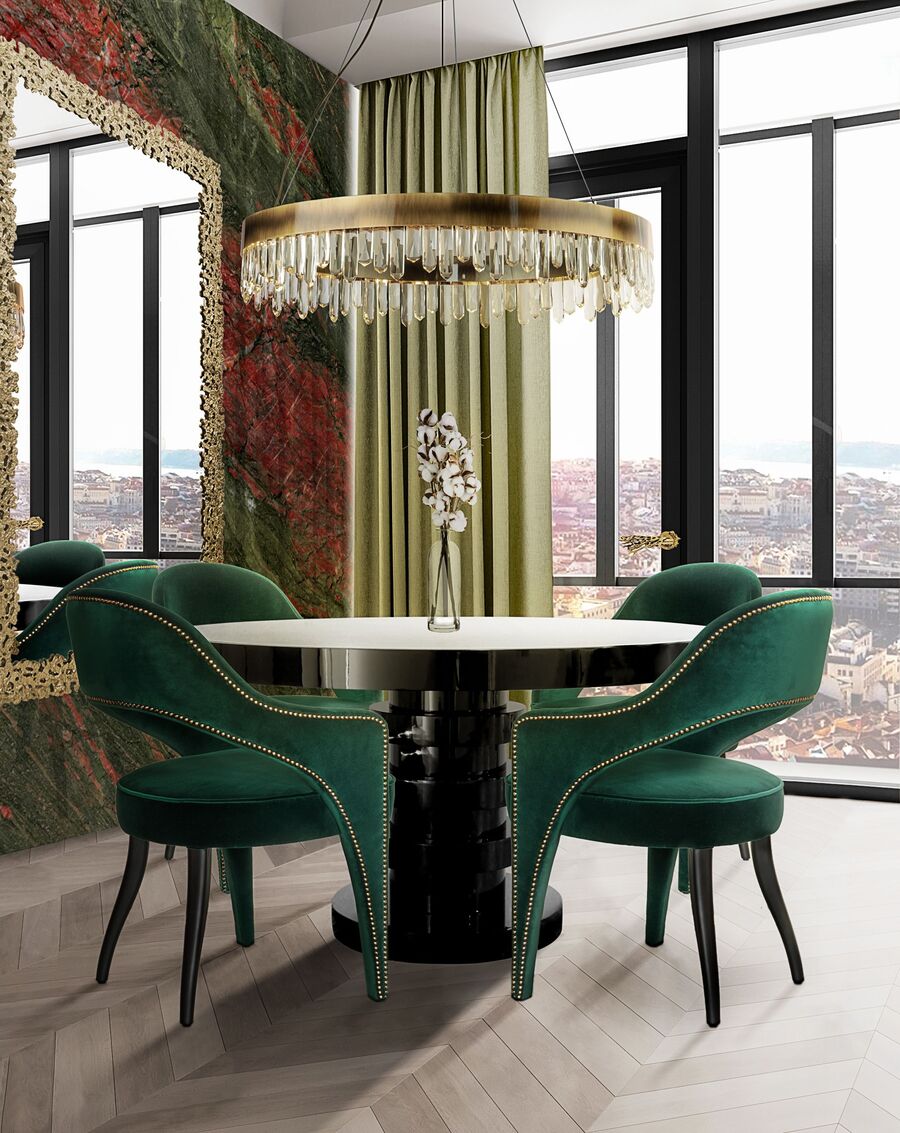 modern dining room with green dining chairs