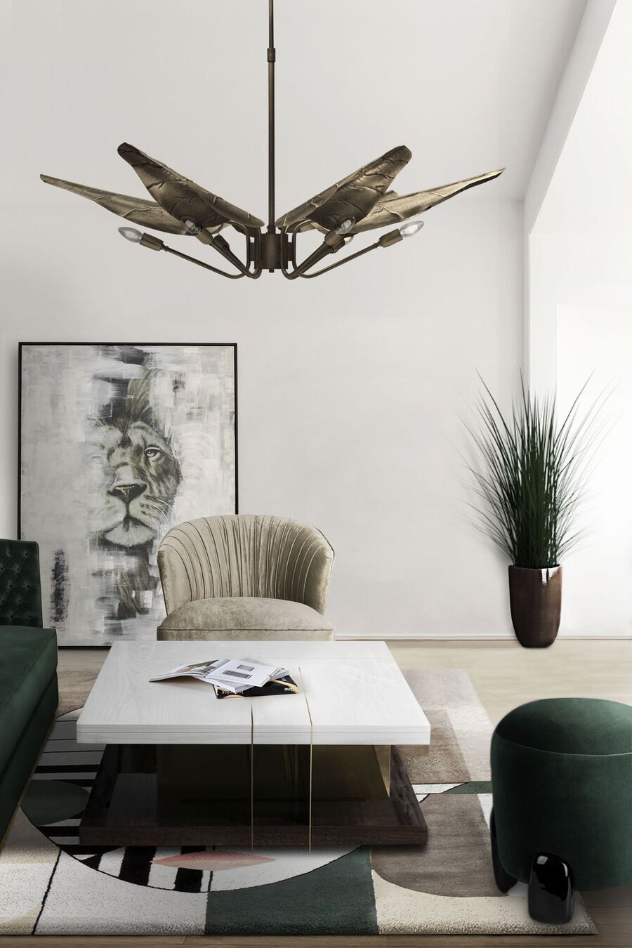 modern living room design in beige and green tones