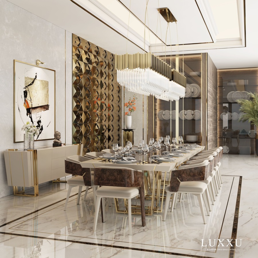 brown tones and gold detailed modern dining room