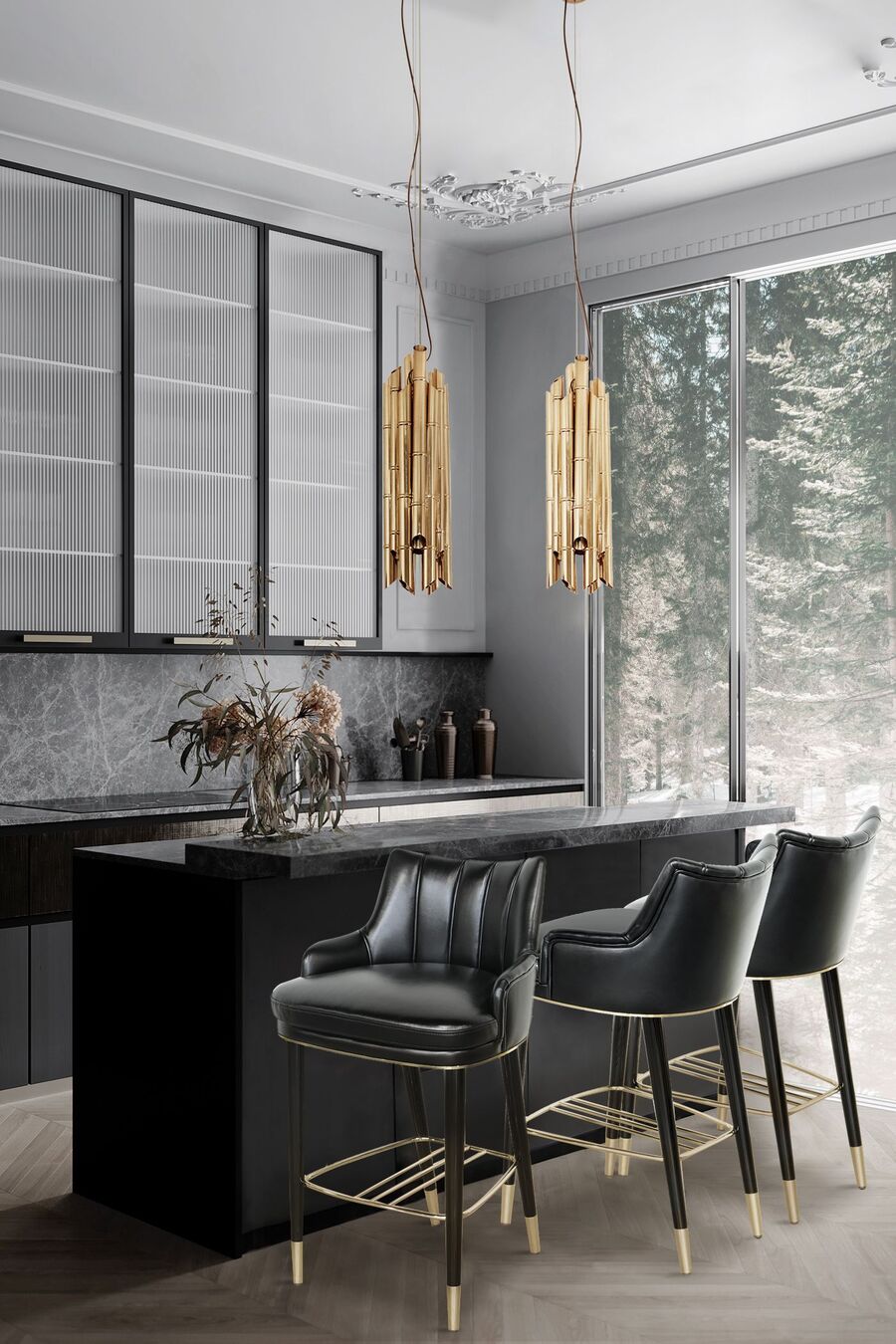 Modern kitchen design with black leather counter stools