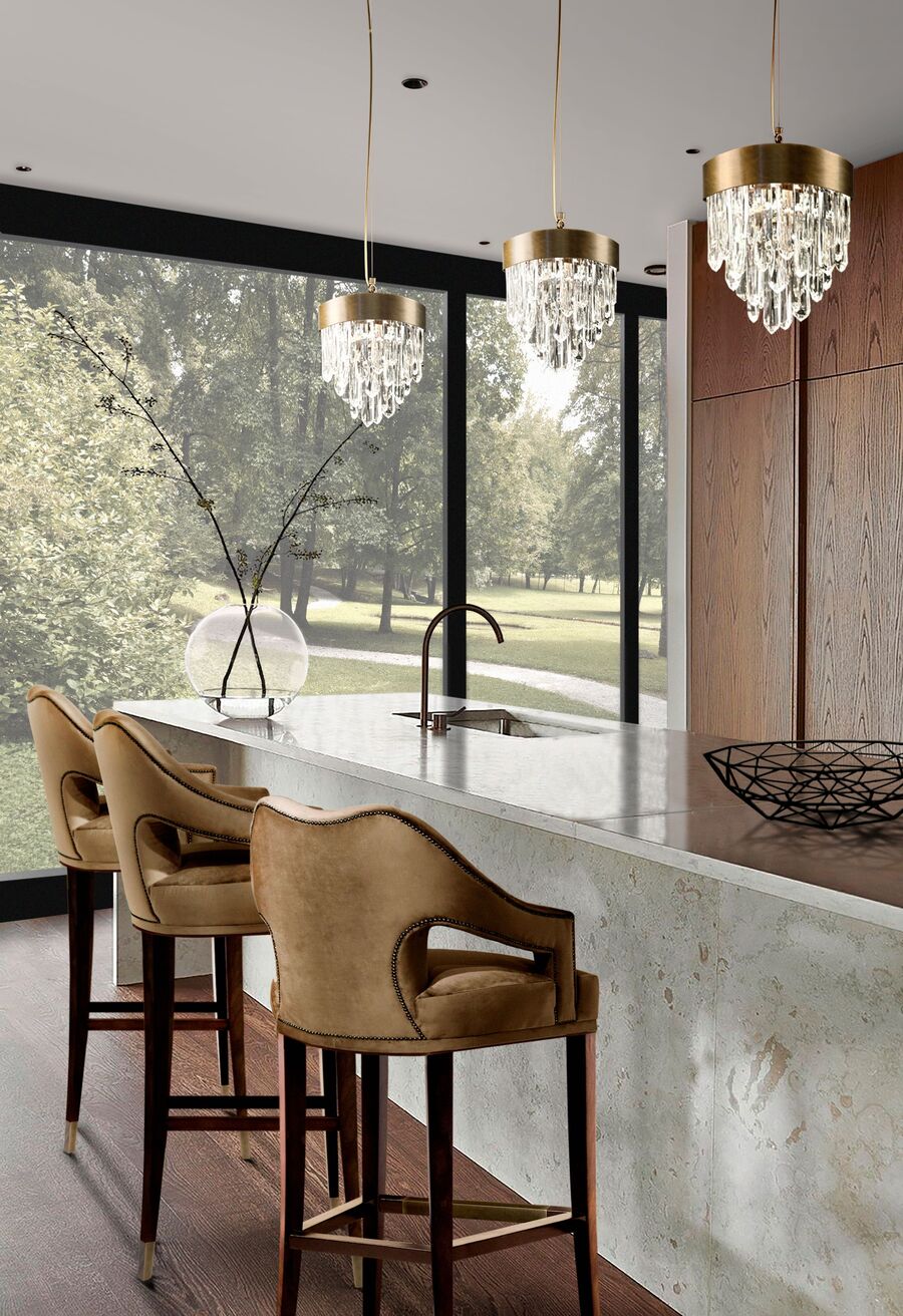 moder kitchen design with brown velvet counter stools