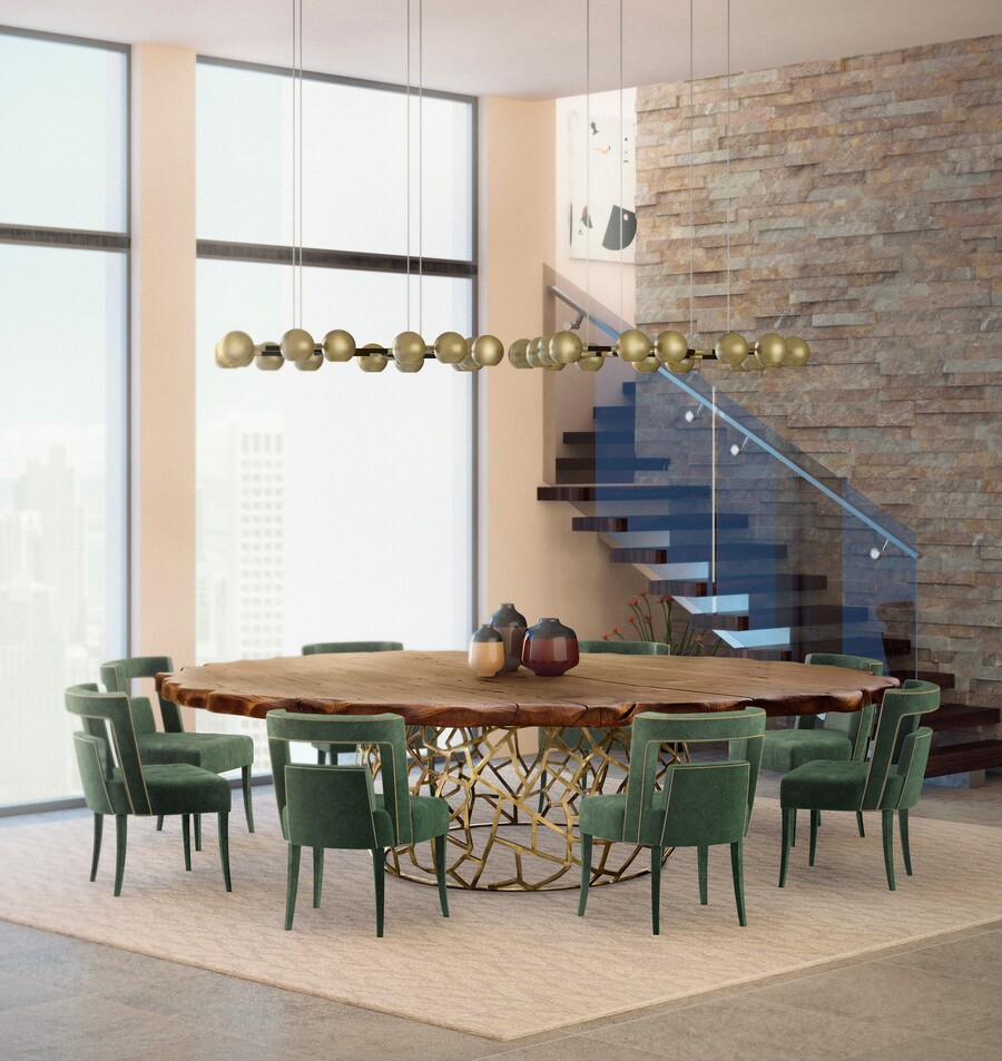Modern dining room design with green chairs
