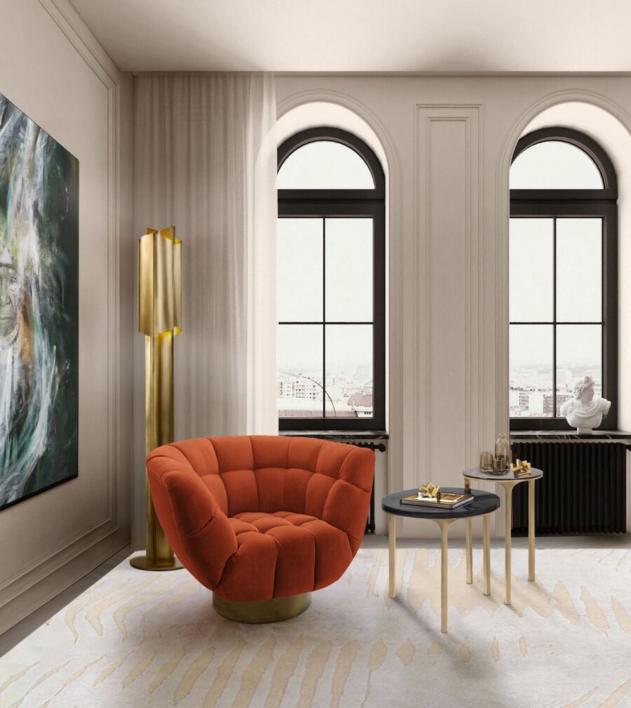 modern reading corner with orange velvet armchair