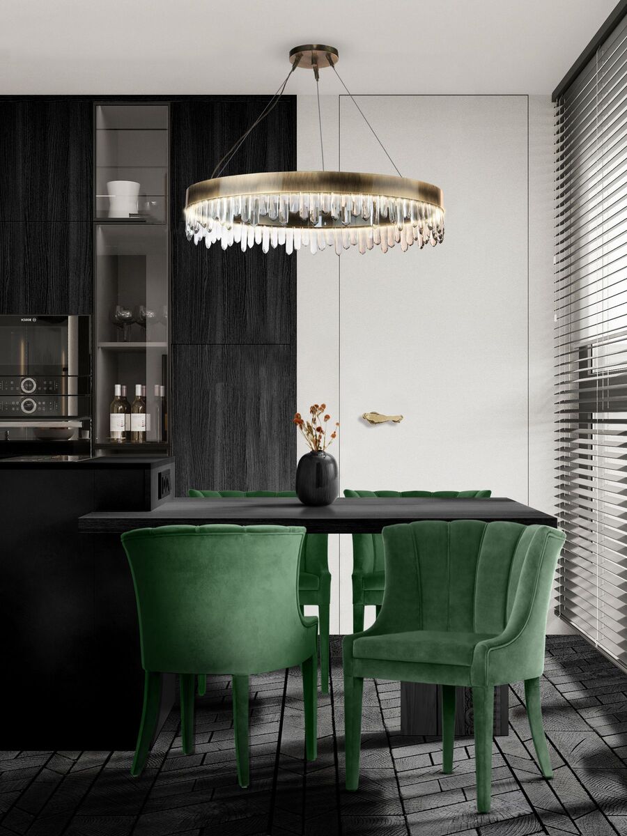 modern dark kitchen design with green dining chairs