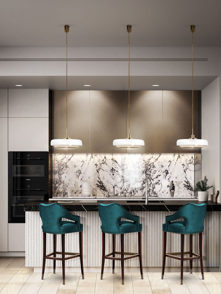 modern kitchen design with blue counter stools