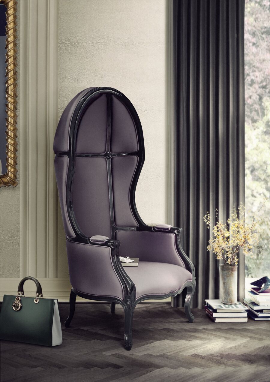 modern hallway with high back purple chair