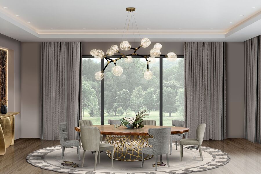 modern dining room with large round dining table