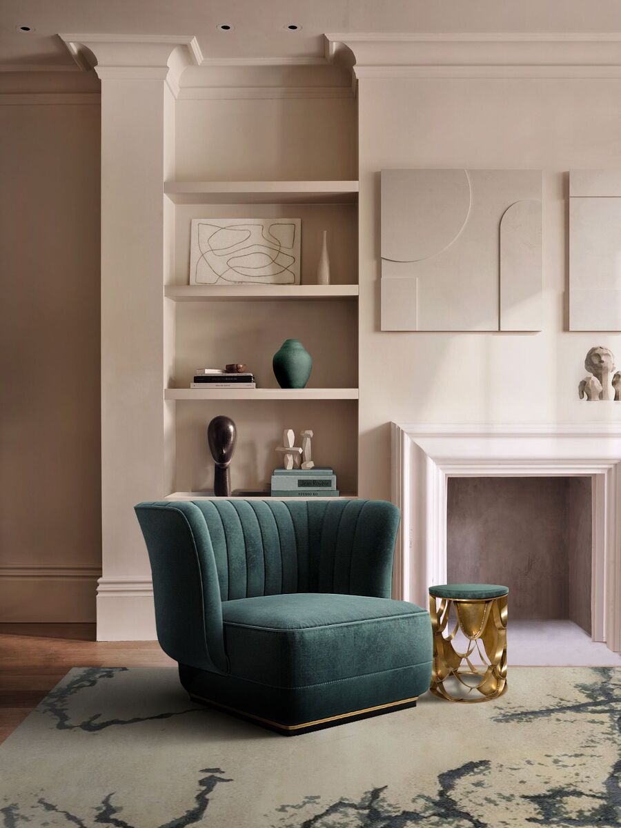 modern reading corner with green armchair