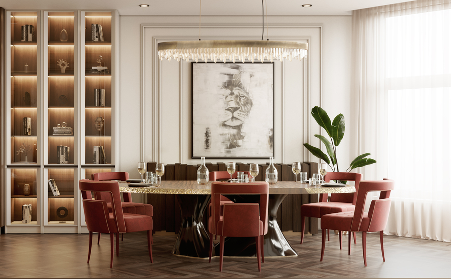 modern dining room with red dining chairs