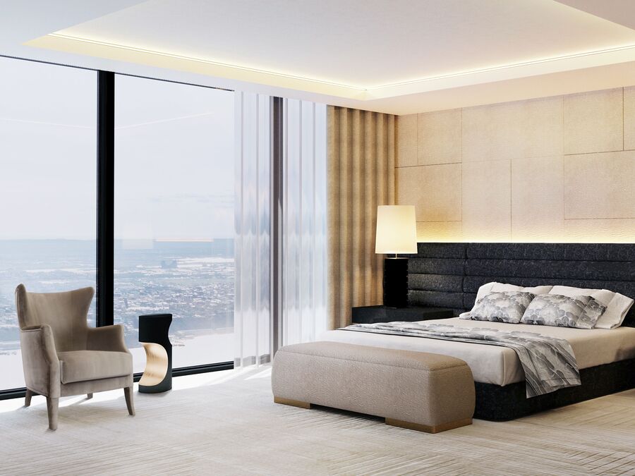 modern bedroom in neutral tones with bedroom chair
