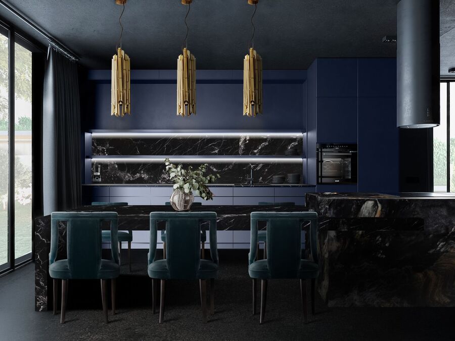 blue dining room with blue velvet dining chair