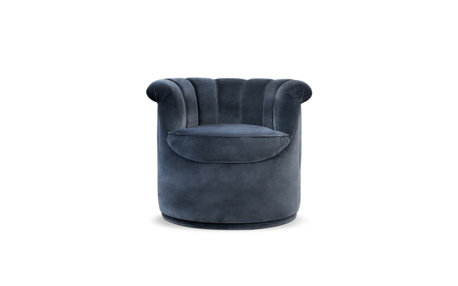 modern swivel armchair in blue velvet upholstery