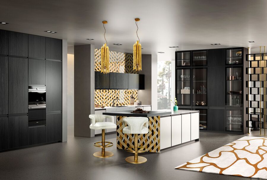 golden kitchen design with white counter stools