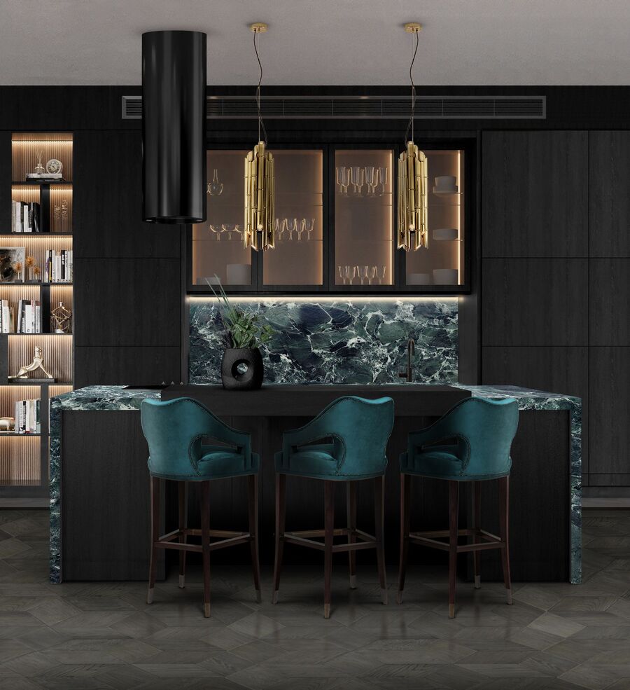 dark dining area with blue counter stools