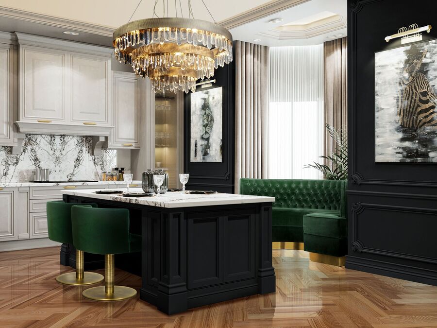 modern dining area with green dining sofa and
